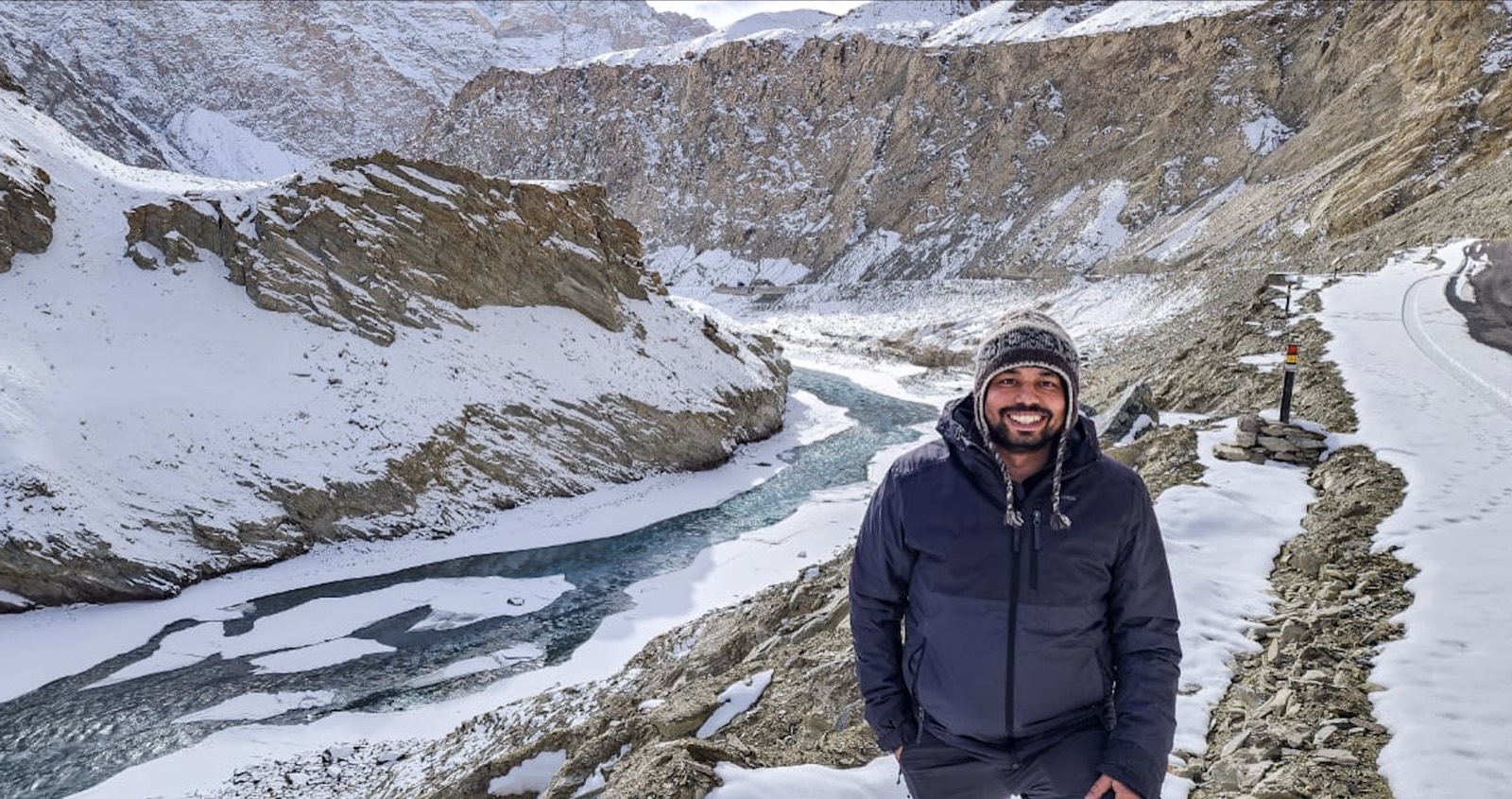 Sandeep on the Chadar trek beside the frozen Zanskar river