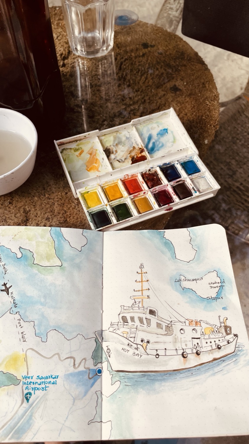Watercolour journal page mapping a boat journey to Hut Bay in the Andamans