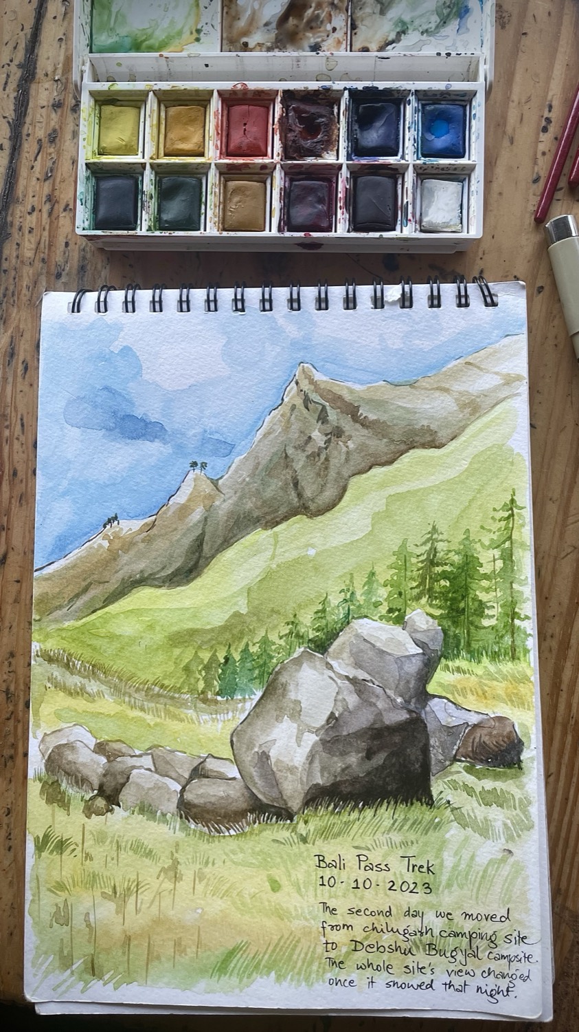 Watercolour journal page from the Bali Pass trek