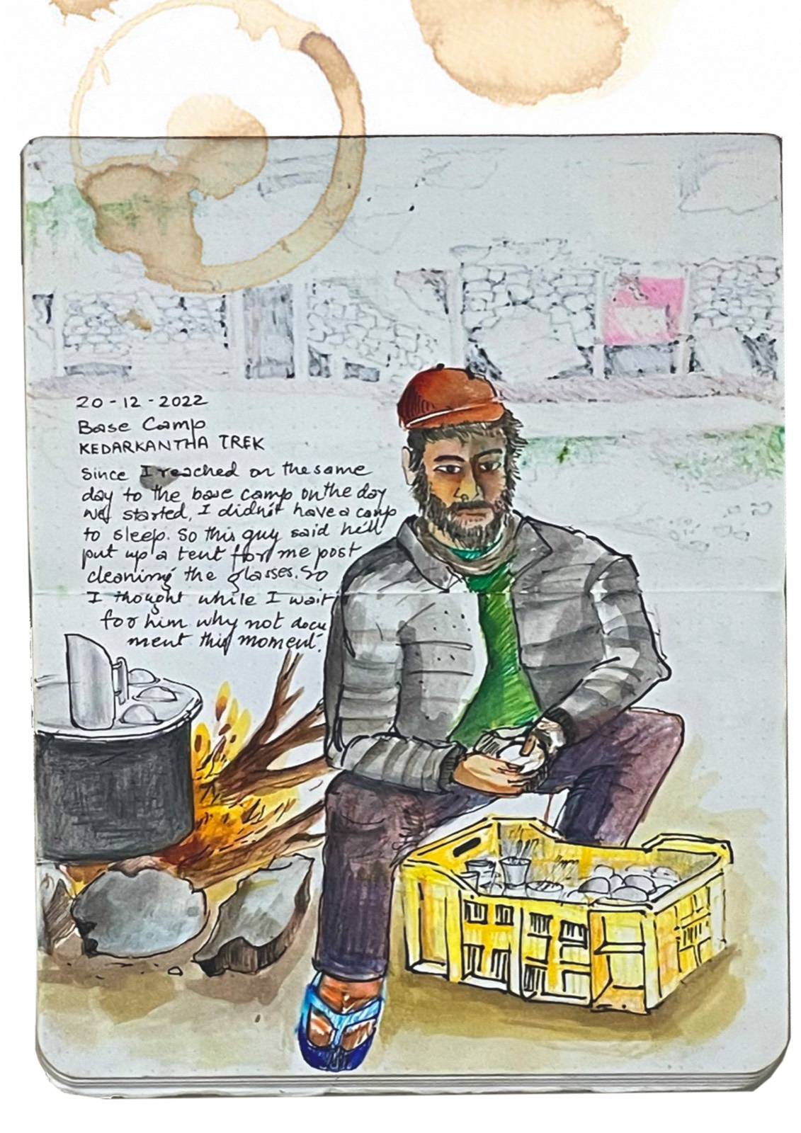 Watercolour journal page of a chai-wala tending his stove at Kedarkantha base camp