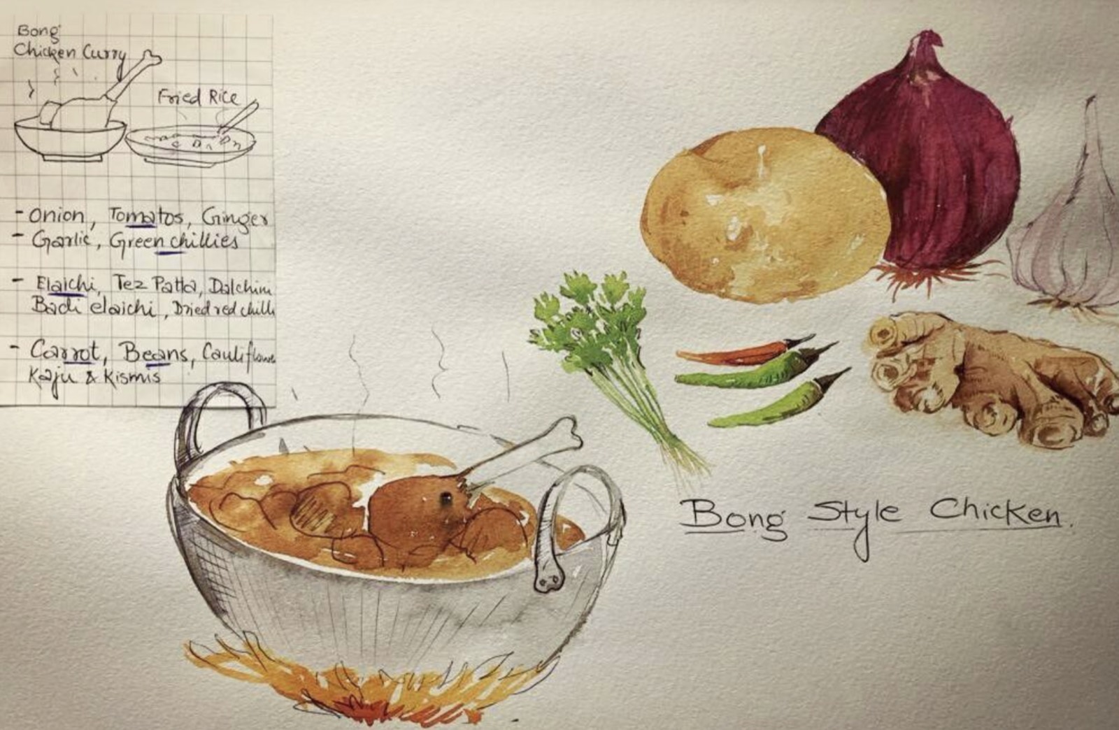 Watercolour recipe journal page for Bong-style chicken curry