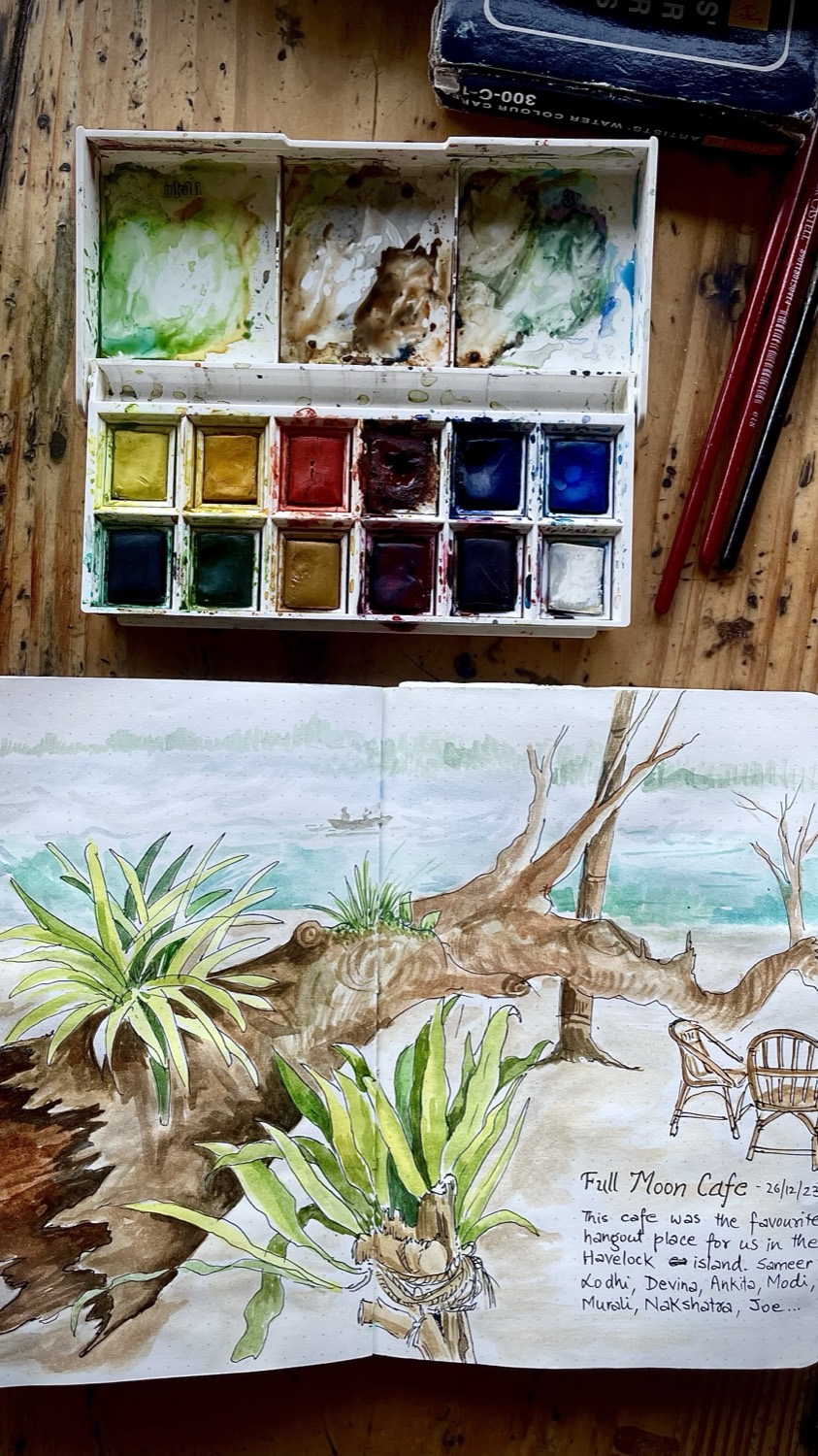 Watercolour journal page of Full Moon Café in Havelock, Andamans