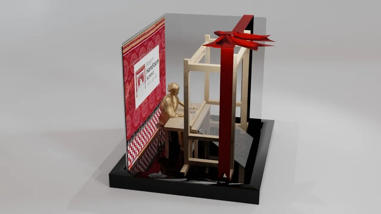 Stage set design — the loom installation, angled view (render)